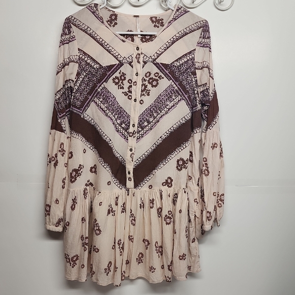 Tops - Free People Boho oversized floral brown& pink long-sleeve blouse dress w/pockets